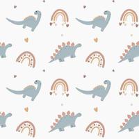 Seamless vector pattern with dinosaur, hearts and rainbows. Baby background for wrapping paper,  greeting cards, design.