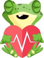 Cute frog cartoon mascot in love, holding heart, illustration, vector on white background.