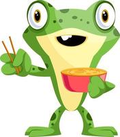 Baby frog eating noodles with a chopsticks, illustration, vector on white background.