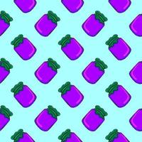 Purple jar with green lid,seamless pattern on light blue background. vector