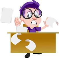 Boy with glasses working, illustration, vector on white background.