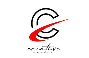 Outline C Letter Logo Design with Creative Red Swoosh. Letter c Initial icon with curved shape vector