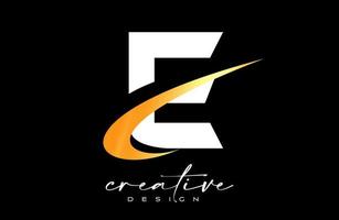 diseño del logotipo de la letra e con un swoosh dorado creativo. letra e icono inicial con vector de forma curva