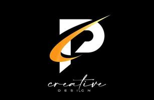 diseño de logotipo de letra p con creativo swoosh dorado. icono inicial de letra p con vector de forma curva