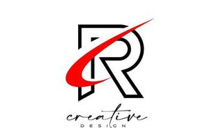 Outline R Letter Logo Design with Creative Red Swoosh. Letter r Initial icon with curved shape vector