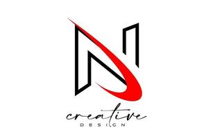 esbozar el diseño del logotipo de la letra n con un swoosh rojo creativo. letra n icono inicial con vector de forma curva