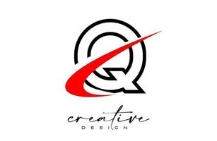 Outline Q Letter Logo Design with Creative Red Swoosh. Letter q Initial icon with curved shape vector