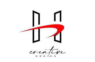 Outline H Letter Logo Design with Creative Red Swoosh. Letter h Initial icon with curved shape vector