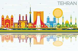 Tehran Skyline with Color Landmarks, Blue Sky and Reflections. vector