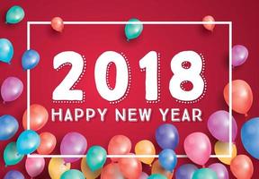 Happy New Year 2018 Greeting Card with Flying Balloons and White Frame. vector