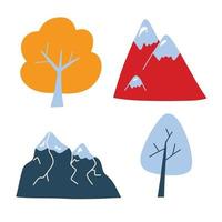 conjunto vectorial con lindas montañas de colores y árboles estilo garabato, coloridas cimas de montañas de dibujos animados y plantas. lindas ilustraciones para postales, carteles, telas, diseño vector