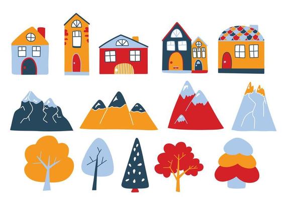 Vector set with cute colored houses, mountains and trees in doodle style. Norwegian houses, mountain peaks. Cute illustrations for postcards, posters, fabrics, design