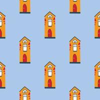Vector pattern with cute nordic multicolored houses in doodle style, hygge, cozy house on a white background. Pattern for fabrics, postcards, gift wrapping, pajamas.