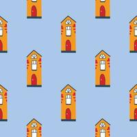 Vector pattern with cute nordic multicolored houses in doodle style, hygge, cozy house on a white background. Pattern for fabrics, postcards, gift wrapping, pajamas.