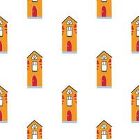 Vector pattern with cute nordic multicolored houses in doodle style, hygge, cozy house on a white background. Pattern for fabrics, postcards, gift wrapping, pajamas.