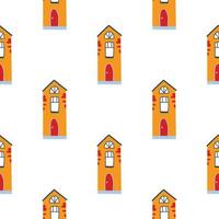 Vector pattern with cute nordic multicolored houses in doodle style, hygge, cozy house on a white background. Pattern for fabrics, postcards, gift wrapping, pajamas.