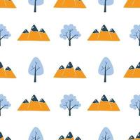 Vector pattern with cute Scandinavian colorful houses, mountains and trees in the style of doodle, hugge, cozy forest, nature. Pattern for fabrics, postcards, gift wrapping, pajamas.