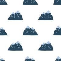 Vector pattern with cute Scandinavian multicolored mountains in the style of doodle, hugge, snowy mountains, nature. Pattern for fabrics, postcards, gift wrapping, pajamas.
