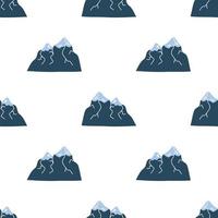 Vector pattern with cute Scandinavian multicolored mountains in the style of doodle, hugge, snowy mountains, nature. Pattern for fabrics, postcards, gift wrapping, pajamas.