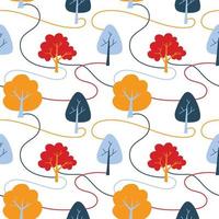 Vector pattern with cute Scandinavian multicolored trees in the style of doodle, hugge, cozy forest, nature. Pattern for fabrics, postcards, gift wrapping