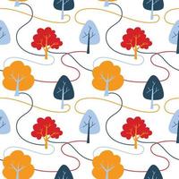 Vector pattern with cute Scandinavian multicolored trees in the style of doodle, hugge, cozy forest, nature. Pattern for fabrics, postcards, gift wrapping