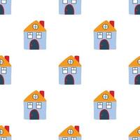 Vector pattern with cute nordic multicolored houses in doodle style, hygge, cozy house on a white background. Pattern for fabrics, postcards, gift wrapping, pajamas.