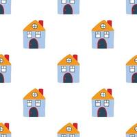 Vector pattern with cute nordic multicolored houses in doodle style, hygge, cozy house on a white background. Pattern for fabrics, postcards, gift wrapping, pajamas.