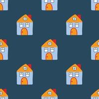 Vector pattern with cute nordic multicolored houses in doodle style, hygge, cozy house on a white background. Pattern for fabrics, postcards, gift wrapping, pajamas.