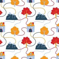 Vector pattern with cute Scandinavian colorful houses, mountains and trees in the style of doodle, hugge, cozy forest, nature, Pattern for fabrics, postcards, pajamas