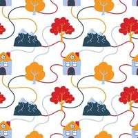 Vector pattern with cute Scandinavian colorful houses, mountains and trees in the style of doodle, hugge, cozy forest, nature, Pattern for fabrics, postcards, pajamas