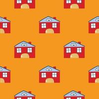 Vector pattern with cute nordic multicolored houses in doodle style, hygge, cozy house on a yellow background. Pattern for fabrics, postcards, gift wrapping, pajamas.