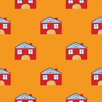 Vector pattern with cute nordic multicolored houses in doodle style, hygge, cozy house on a yellow background. Pattern for fabrics, postcards, gift wrapping, pajamas.