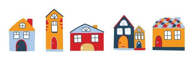 Vector set with cute colored houses, in doodle style. Norwegian houses in cartoon style. Cute illustrations for postcards, posters, fabrics, design