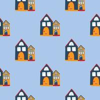Vector pattern with cute nordic multicolored houses in doodle style, hygge, cozy house on a blue background. Pattern for fabrics, postcards, gift wrapping, pajamas.