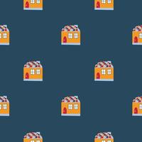 Vector pattern with cute nordic multicolored houses in doodle style, hygge, cozy house on a white background. Pattern for fabrics, postcards, gift wrapping, pajamas.