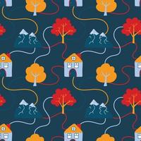 Vector pattern with cute Scandinavian colorful houses, mountains and trees in the style of doodle, hugge, cozy forest, nature. Pattern for fabrics, postcards, gift wrapping, pajamas.