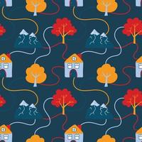 Vector pattern with cute Scandinavian colorful houses, mountains and trees in the style of doodle, hugge, cozy forest, nature. Pattern for fabrics, postcards, gift wrapping, pajamas.