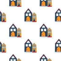 Vector pattern with cute nordic multicolored houses in doodle style, hygge, cozy house on a white background. Pattern for fabrics, postcards, gift wrapping, pajamas.