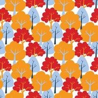 Vector pattern with cute Scandinavian multicolored trees in the style of doodle, hugge, cozy forest, nature. Pattern for fabrics, postcards, gift wrapping, pajamas.