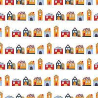 Vector pattern with cute nordic multicolored houses in doodle style, hygge, cozy house on a white background. Pattern for fabrics, postcards, gift wrapping, pajamas.