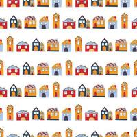 Vector pattern with cute nordic multicolored houses in doodle style, hygge, cozy house on a white background. Pattern for fabrics, postcards, gift wrapping, pajamas.