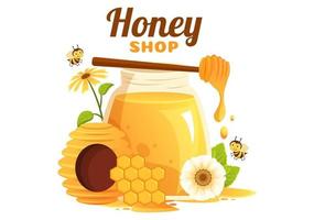 tienda de miel con un tarro de producto útil natural, abeja o panales para ser consumidos en dibujos animados planos dibujados a mano ilustración de plantillas vector