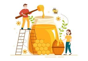 Honey Shop with a Natural Useful Product Jar, Bee or Honeycombs to be Consumed on Flat Cartoon Hand Drawn Templates Illustration vector