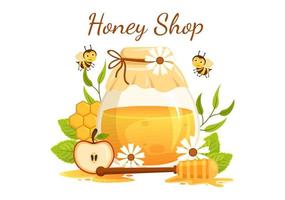 Honey Shop with a Natural Useful Product Jar, Bee or Honeycombs to be Consumed on Flat Cartoon Hand Drawn Templates Illustration vector