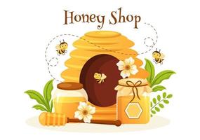 tienda de miel con un tarro de producto útil natural, abeja o panales para ser consumidos en dibujos animados planos dibujados a mano ilustración de plantillas vector