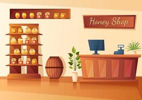 tienda de miel con un tarro de producto útil natural, abeja o panales para ser consumidos en dibujos animados planos dibujados a mano ilustración de plantillas vector