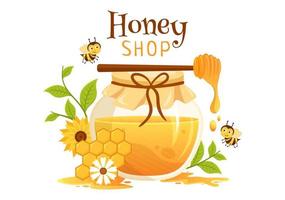 tienda de miel con un tarro de producto útil natural, abeja o panales para ser consumidos en dibujos animados planos dibujados a mano ilustración de plantillas vector