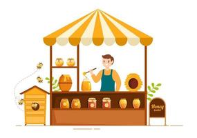 Honey Shop with a Natural Useful Product Jar, Bee or Honeycombs to be Consumed on Flat Cartoon Hand Drawn Templates Illustration vector