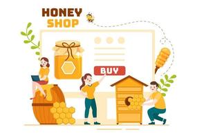 tienda de miel con un tarro de producto útil natural, abeja o panales para ser consumidos en dibujos animados planos dibujados a mano ilustración de plantillas vector