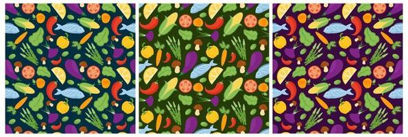 conjunto de diseño de patrones sin fisuras vegetarianos, frutas o verduras con alimentos frescos, orgánicos y naturales en la ilustración de fondo de dibujos animados planos dibujados a mano vector